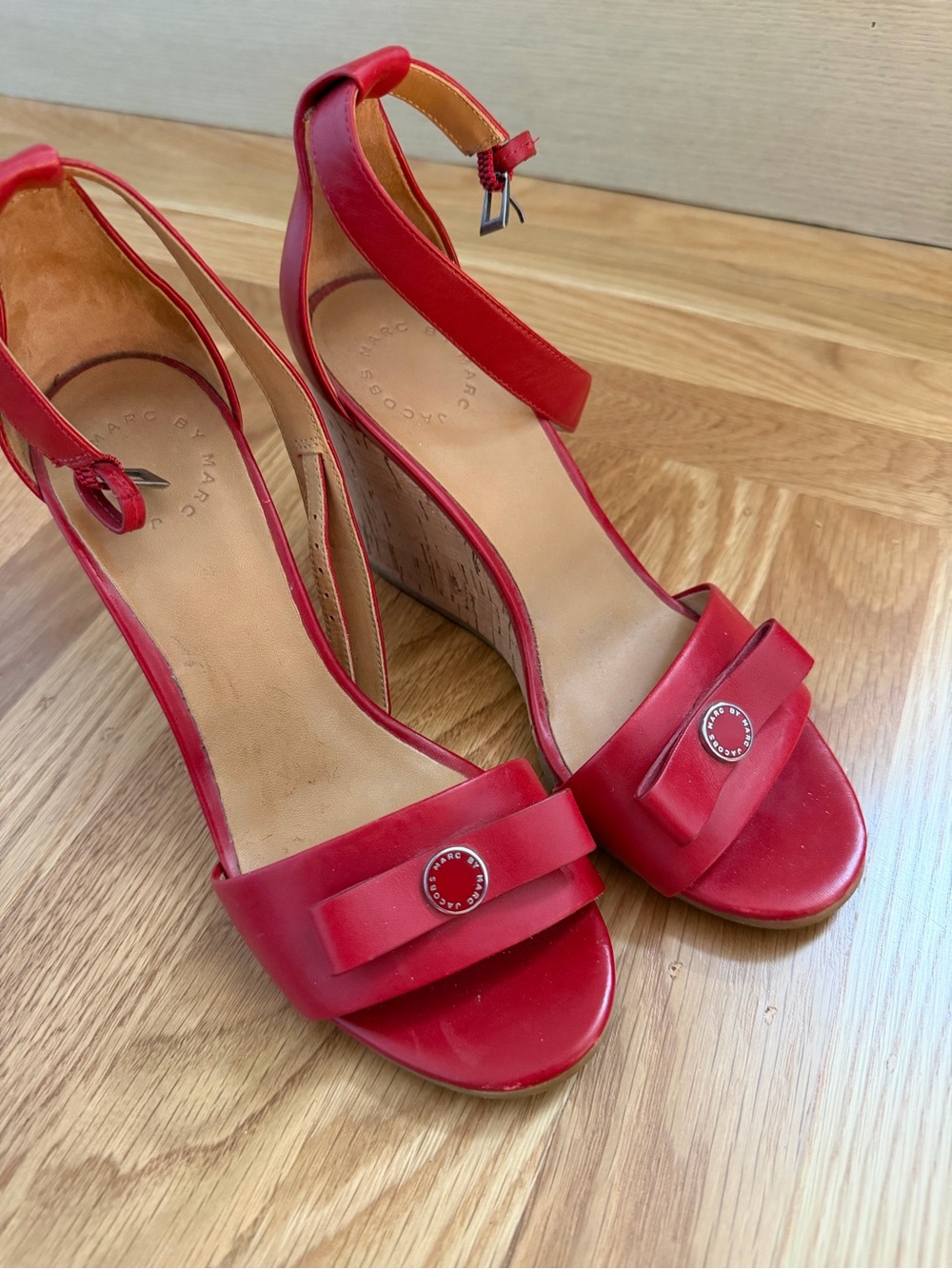 Marc By Marc Jacobs Red Leather Bow Wedge Sandals